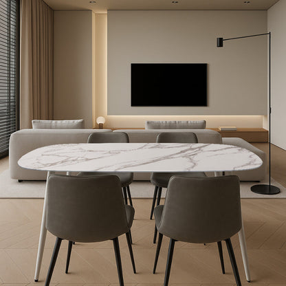 BAS Soft-Edged 63x31.5 inch Sintered Stone Table (Snow Mountain White Finish) in Open-Plan Living/Dining Area, paired with Gray SADE Chairs.