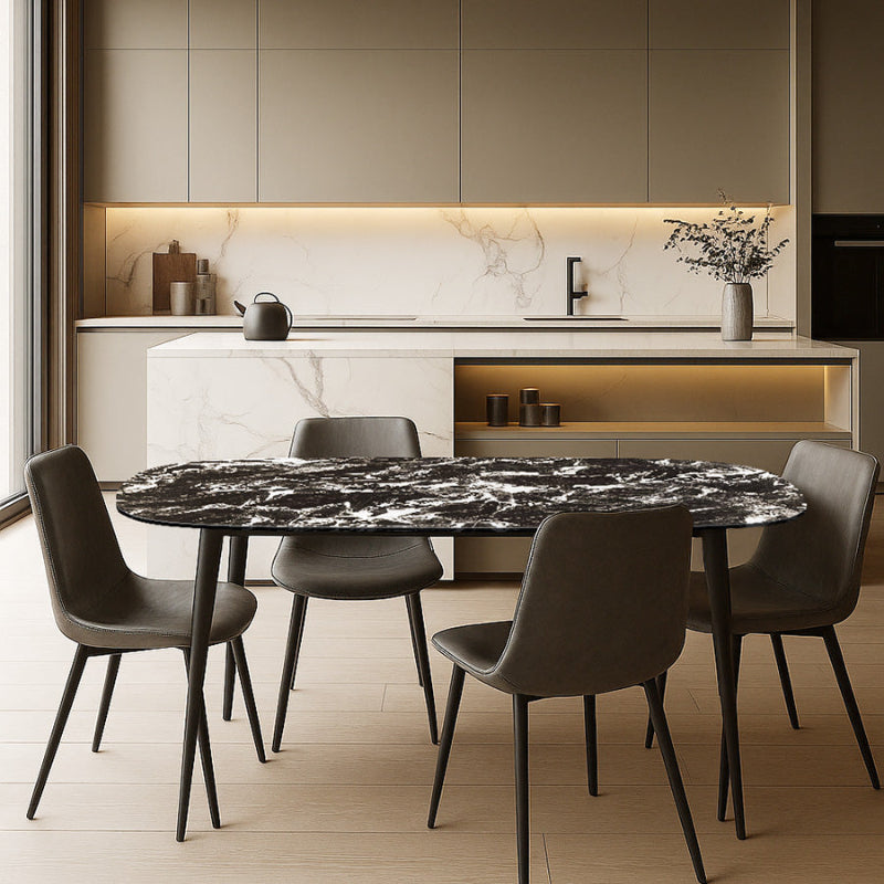 BAS Soft-Edged 63x31.5 inch Sintered Stone Table in Black Portoro Finish with Black Legs. Styled in Kitchen Bar Area with Gray SADE Chairs.