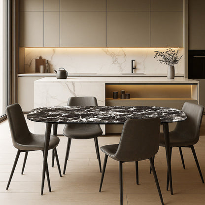 BAS Soft-Edged 63x31.5 inch Sintered Stone Table in Black Portoro Finish with Black Legs. Styled in Kitchen Bar Area with Gray SADE Chairs.