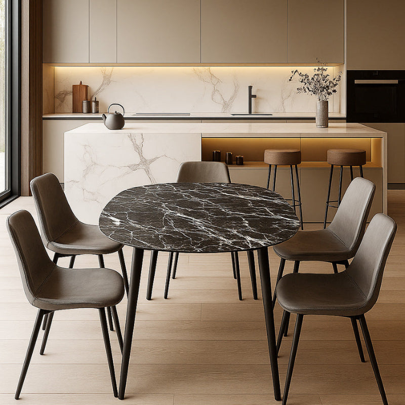 Side View: BAS Soft-Edged 63x31.5 inch Black Portoro Sintered Stone Table. Styled with Black-Leg SADE Chairs in Modern Kitchen Bar Area.