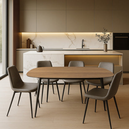 BAS Soft-Edged 63x31.5 inch Sintered Stone Table in Walnut Wood Grain Finish. Shown with Black-Leg Gray Faux-Leather SADE Chairs in a Kitchen Bar setting.