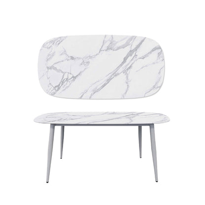 BAS Soft-Edged 63x31.5 inch Table. White Legs, Snow Mountain White Finish Sintered Stone Top. Front View.