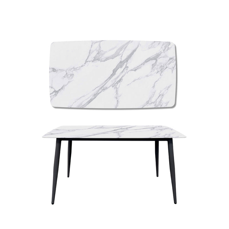 BAS Soft-Edged 55x31.5 inch Table. Black Legs, Snow Mountain White Finish Sintered Stone Top. Front View.