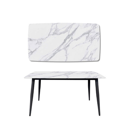 BAS Soft-Edged 55x31.5 inch Table. Black Legs, Snow Mountain White Finish Sintered Stone Top. Front View.