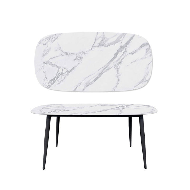 BAS Soft-Edged 63x31.5 inch Table. Black Legs, Snow Mountain White Finish Sintered Stone Top. Front View.