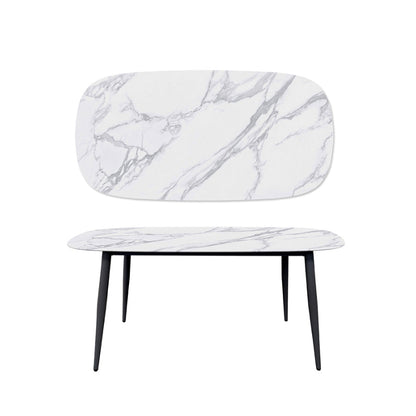 BAS Soft-Edged 63x31.5 inch Table. Black Legs, Snow Mountain White Finish Sintered Stone Top. Front View.