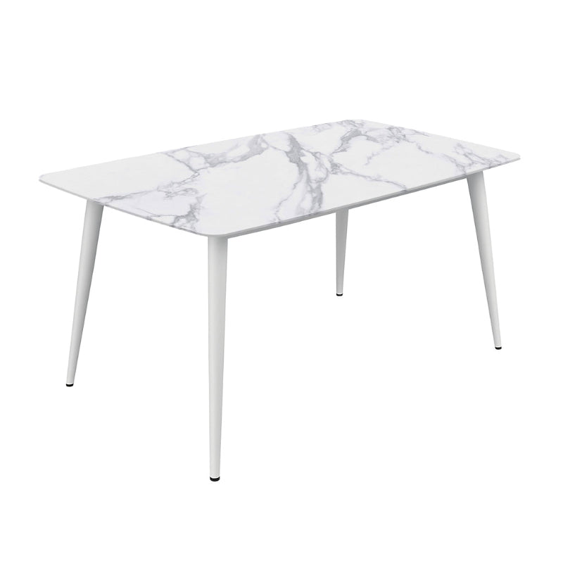 BAS Soft-Edged 55x31.5 inch Table. White Legs, Snow Mountain White Finish Sintered Stone Top. 45 Degree Shot.