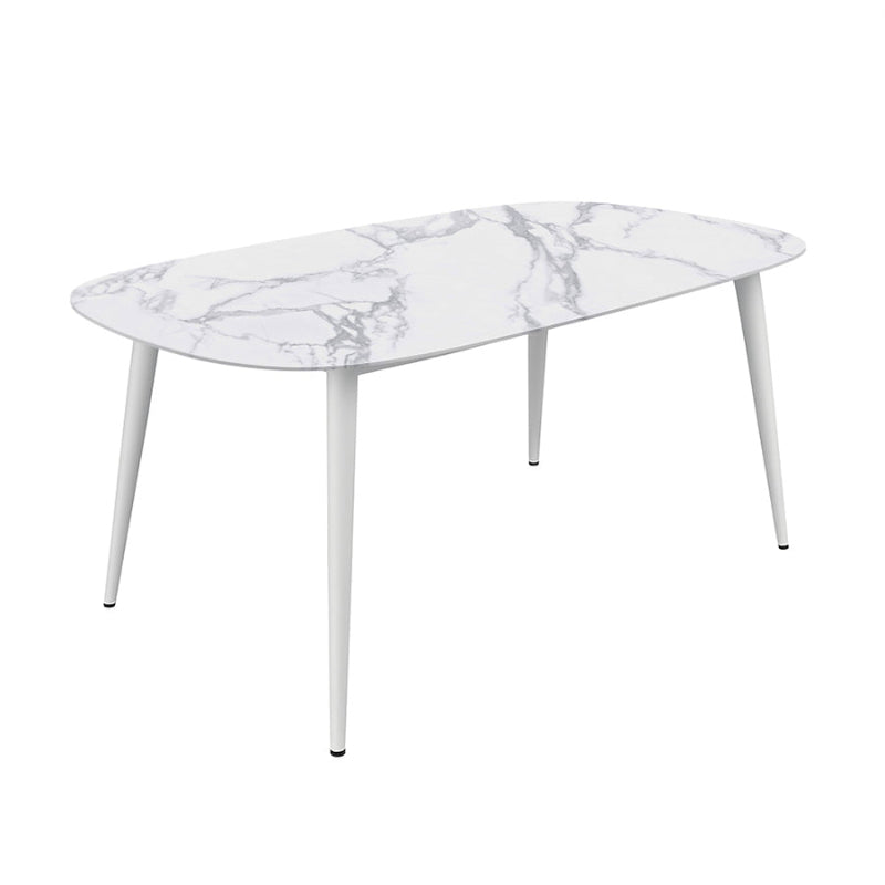 BAS Soft-Edged 63x31.5 inch Table. White Legs, Snow Mountain White Finish Sintered Stone Top. 45 Degree Shot.