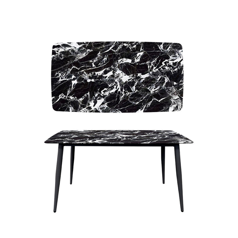 BAS Soft-Edged 55x31.5 inch Table. Black Legs, Black Portoro Marble Finish Sintered Stone Top. Front View.