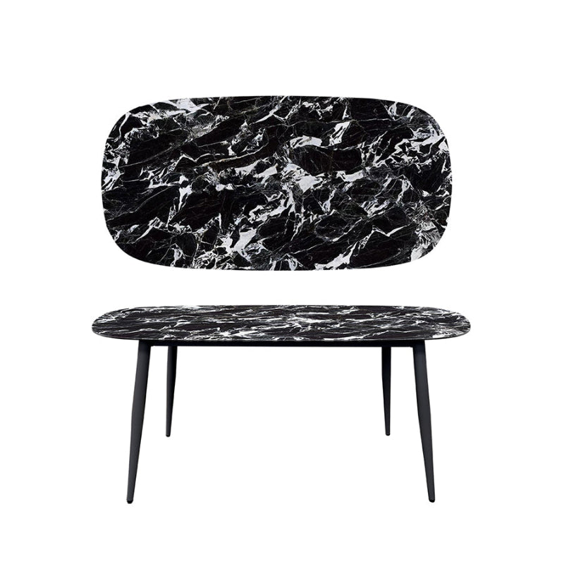 BAS Soft-Edged 63x31.5 inch Table. Black Legs, Black Portoro Marble Finish Sintered Stone Top. Front View.