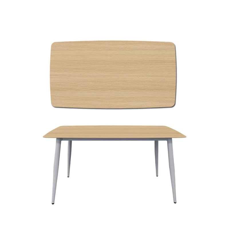 BAS Soft-Edged 55x31.5 inch Table. White Legs, Oak Wood Grain Pattern Sintered Stone Top. Front View.