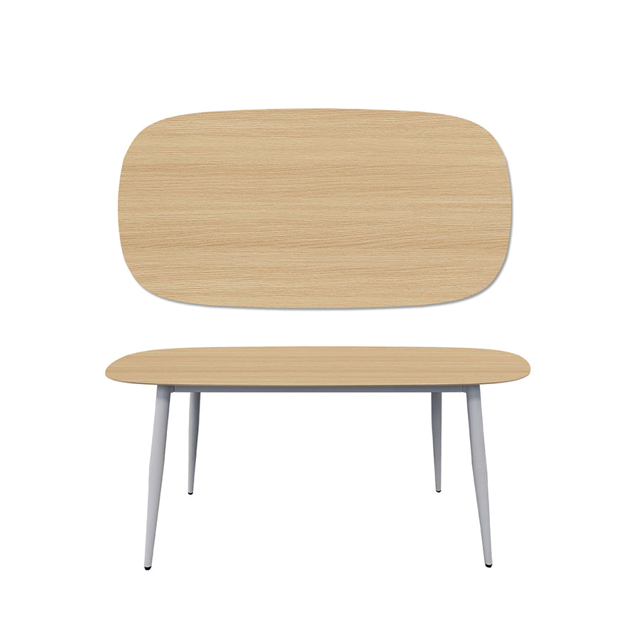 BAS Soft-Edged 63x31.5 inch Table. White Legs, Oak Wood Grain Pattern Sintered Stone Top. Front View.