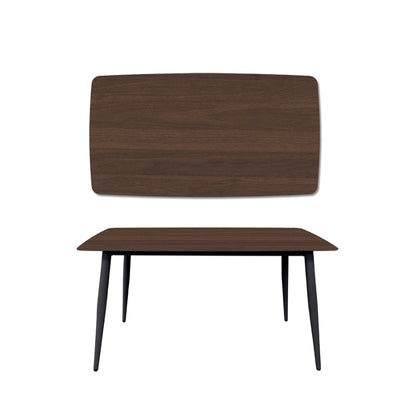 BAS Soft-Edged 55x31.5 inch Table. Black Legs, Walnut Wood Grain Pattern Sintered Stone Top. Front View.