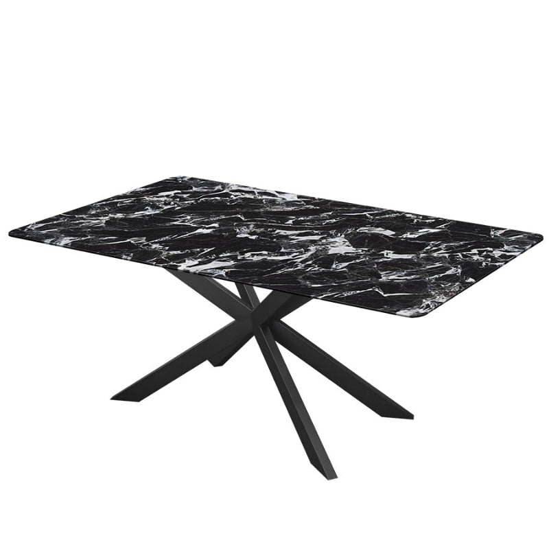Angled view of MI 71-inch Sintered Stone Dining Table highlighting the High-Gloss Black Portoro Marble Aesthetic Top. White studio background.
