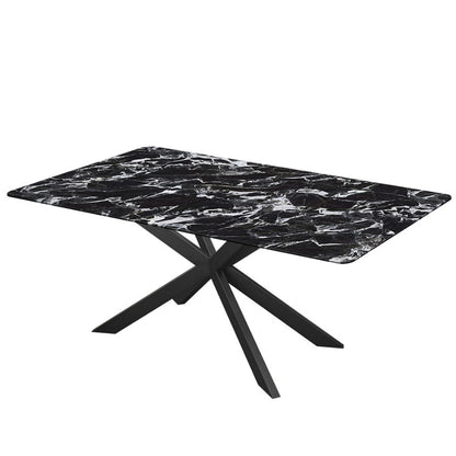Angled view of MI 71-inch Sintered Stone Dining Table highlighting the High-Gloss Black Portoro Marble Aesthetic Top. White studio background.