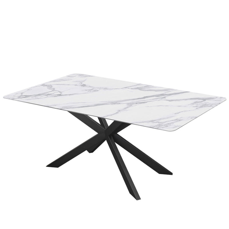 Angled perspective view of MI 71-inch Sintered Stone Dining Table. High-Gloss Snow Mountain White Marble Look Top on white background.