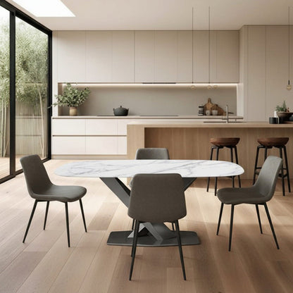 AXILON 1.6m or 63in Glossy Snow White Sintered Stone Dining Table (Curved Top) scene, placed in front of an open-concept kitchen. Paired with four gray SADE chairs and black legs.