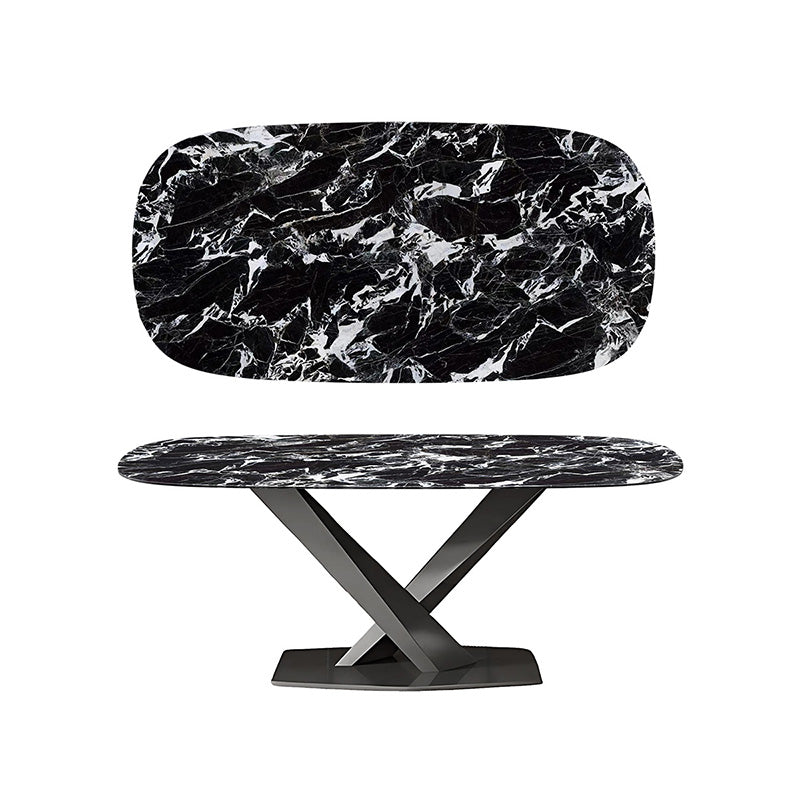 AXILON 1.6m Bulgari Black Sintered Stone Dining Table, Curved Rectangle Top, Black Legs, Modern Minimalist Style, White Background.