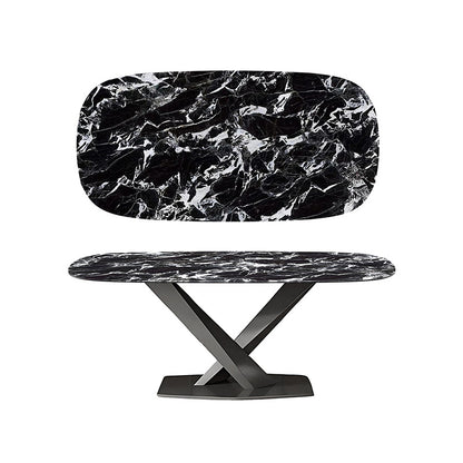 AXILON 1.6m Bulgari Black Sintered Stone Dining Table, Curved Rectangle Top, Black Legs, Modern Minimalist Style, White Background.
