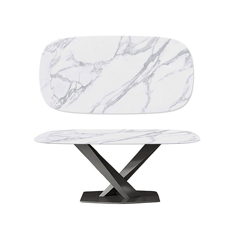 AXILON 1.6m Glossy Snow Mountain White Dining Table, Curved Rectangle Top, Black Legs, Modern Minimalist Style, White Background Perspective View.