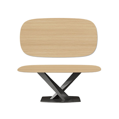 AXILON 63 inch Oak Wood Grain Sintered Stone Matte Dining Table, Curved Rectangle Top, Black Legs, Natural Wood Style, White Background.