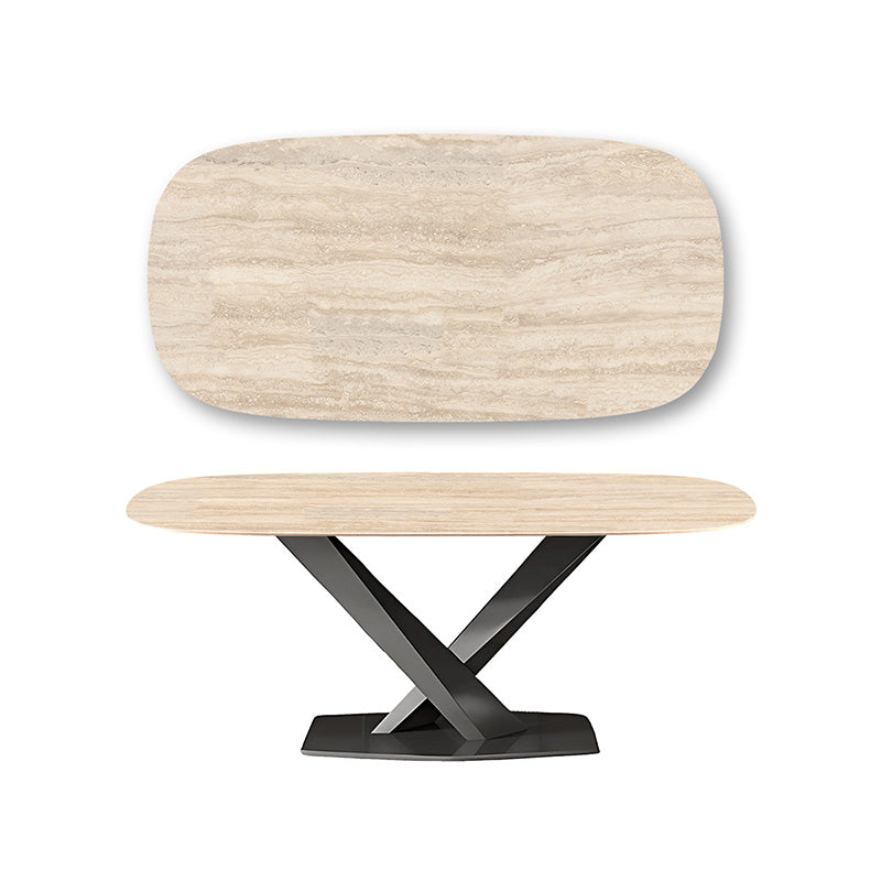 AXILON 63 inch Travertine Look Matte Dining Table, Curved Rectangle Top, Black Legs, White Background.