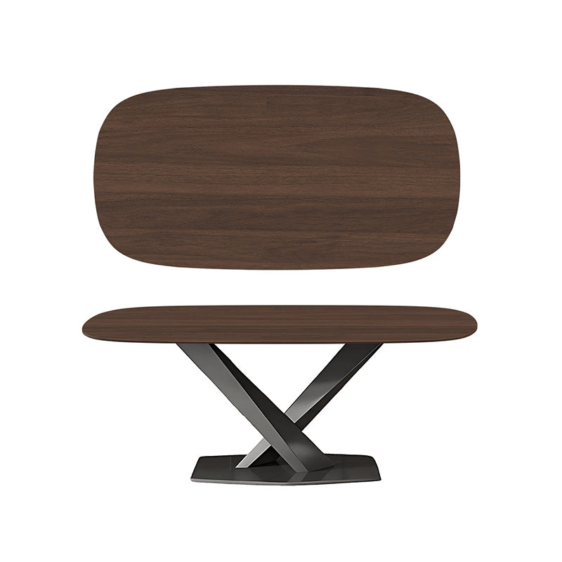 AXILON 63in Walnut Wood Grain Sintered Stone Matte Dining Table, Curved Rectangle Top, Black Legs, Classic Vintage Design, Front Perspective View.