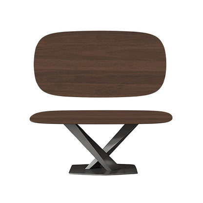 AXILON 63in Walnut Wood Grain Sintered Stone Matte Dining Table, Curved Rectangle Top, Black Legs, Classic Vintage Design, Front Perspective View.