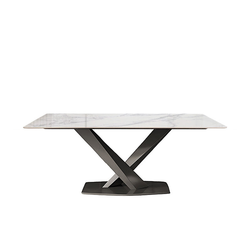 AXILON 63 inch Glossy Snow Mountain White Dining Table, Rectangle Top, Black Legs, Simple Modern Design, Front Perspective View.
