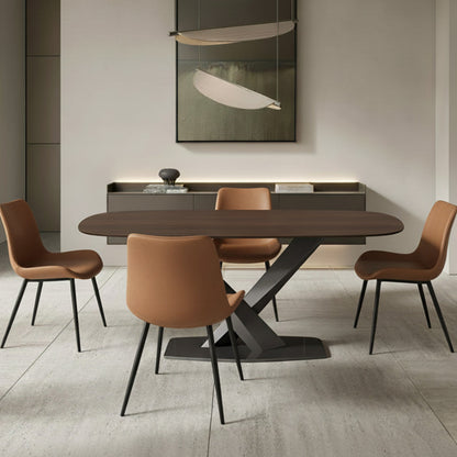 AXILON Walnut Wood Grain Sintered Stone Dining Table (Curved Top) scene. Paired with brown SADE dining chairs.