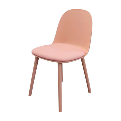Front view of the MACARON Nordic chair with pink LGF PP plastic shell and a comfortable pink faux leather cushion.