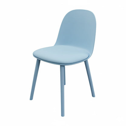 Front view of the MACARON Nordic chair with blue LGF PP plastic shell and a comfortable blue faux leather cushion.