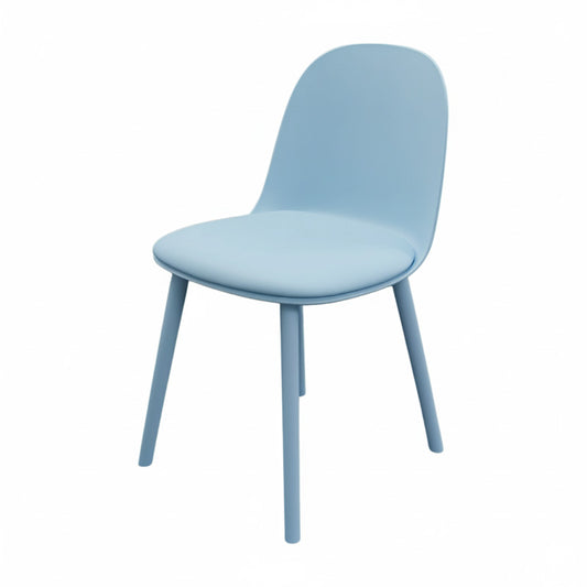 Front view of the MACARON Nordic chair with blue LGF PP plastic shell and a comfortable blue faux leather cushion.