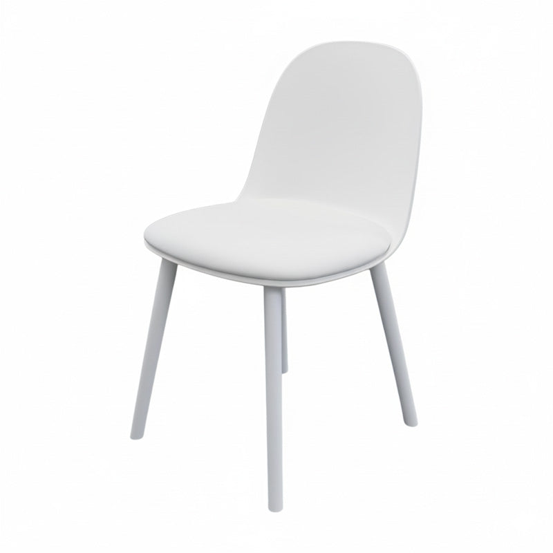 Front view of the MACARON Nordic chair with white LGF PP plastic shell and a comfortable white faux leather cushion.
