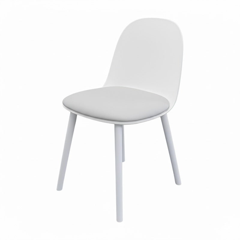 Front view of the MACARON Nordic chair with white LGF PP plastic shell and a comfortable grey leathaire cushion.