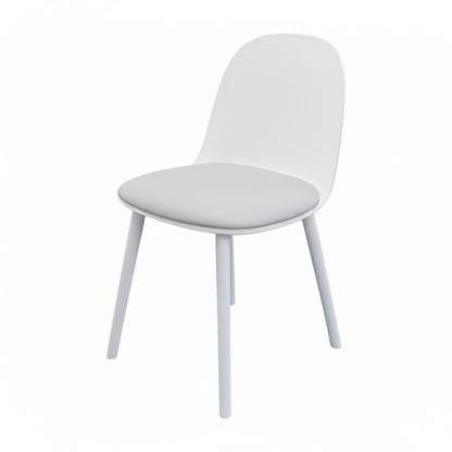 Front view of the MACARON Nordic chair with white LGF PP plastic shell and a comfortable grey leathaire cushion.