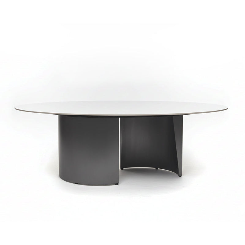 OVALARC Oval Ceramic Coffee Table – White Marble Porcelain & Brushed Grey Steel
