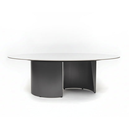 OVALARC Oval Ceramic Coffee Table – White Marble Porcelain & Brushed Grey Steel