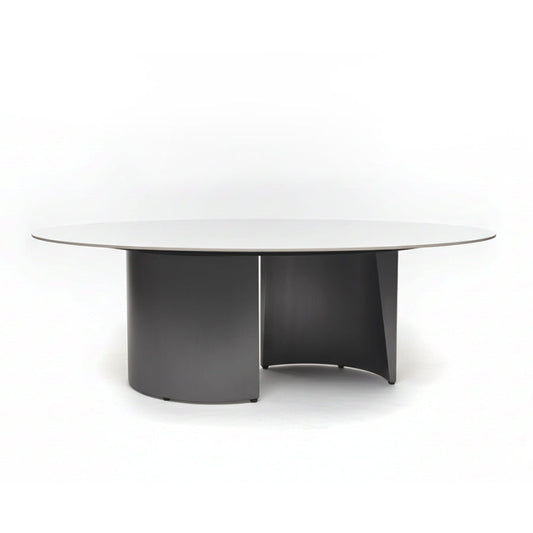 OVALARC Oval Ceramic Coffee Table – White Marble Porcelain & Brushed Grey Steel