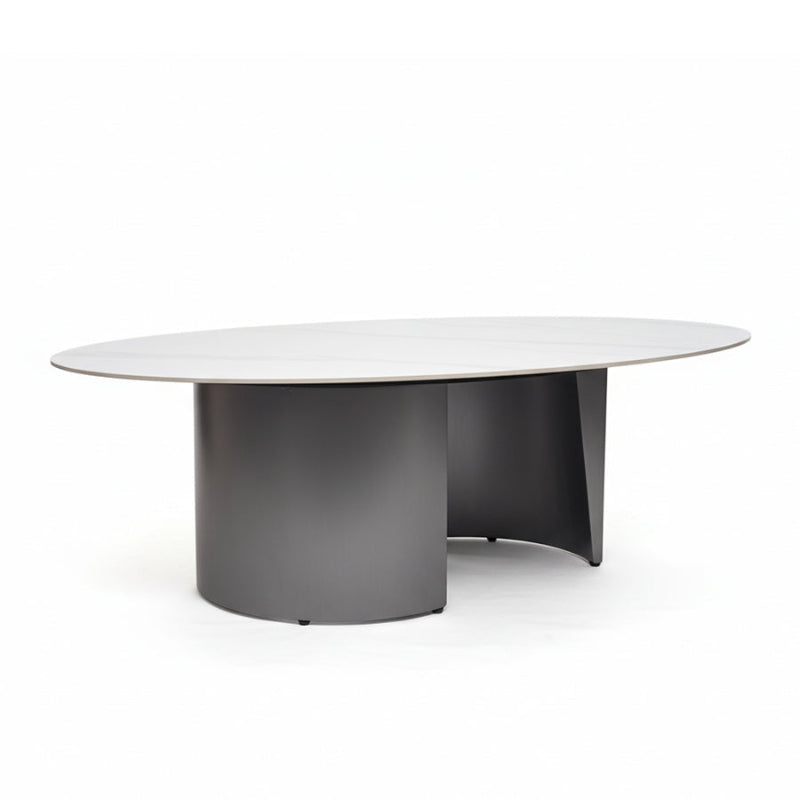OVALARC Oval Ceramic Coffee Table – White Marble Porcelain & Brushed Grey Steel
