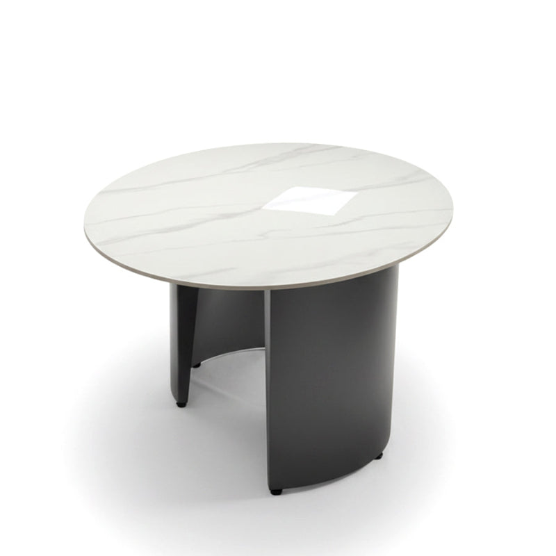 OVALARC Oval Ceramic Coffee Table – White Marble Porcelain & Brushed Grey Steel