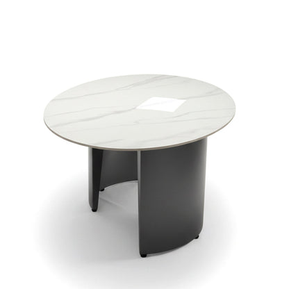OVALARC Oval Ceramic Coffee Table – White Marble Porcelain & Brushed Grey Steel