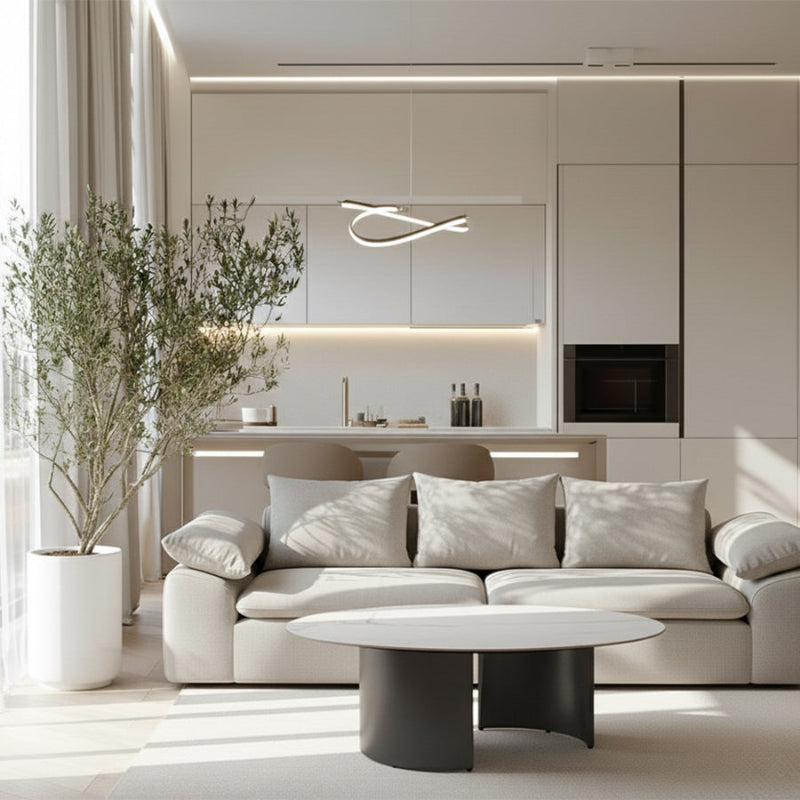 OVALARC Oval Ceramic Coffee Table – White Marble Porcelain & Brushed Grey Steel