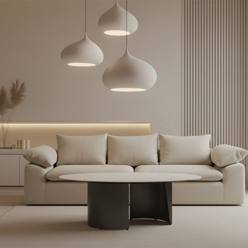 OVALARC Oval Ceramic Coffee Table – White Marble Porcelain & Brushed Grey Steel