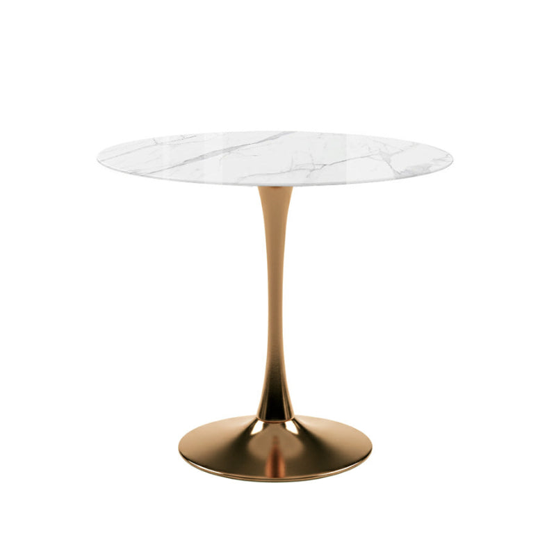TULIP 90CM Round Dining Table. High-gloss Snow Mountain White ceramic tabletop with a champagne gold matte stainless steel pedestal base, shown on a white background.
