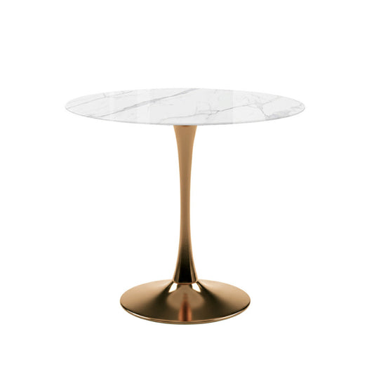 TULIP 90CM Round Dining Table. High-gloss Snow Mountain White ceramic tabletop with a champagne gold matte stainless steel pedestal base, shown on a white background.