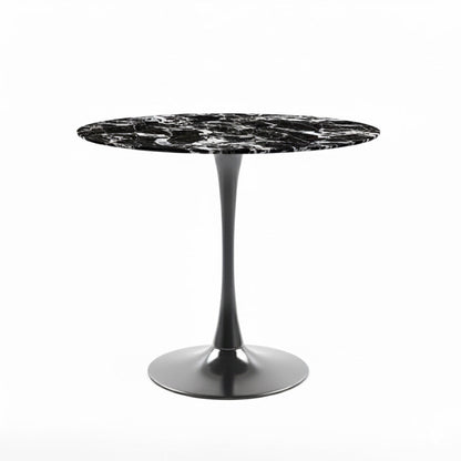 TULIP 90CM Round Dining Table. High-gloss Black Bulgari ceramic tabletop with a matte grey stainless steel pedestal base, shown on a white background.