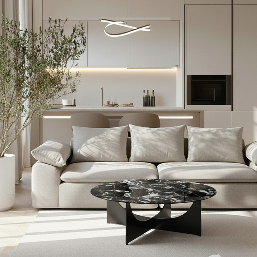 Sailith Modern Round Coffee Table – Sintered Stone Top with Curved Stainless Steel Base