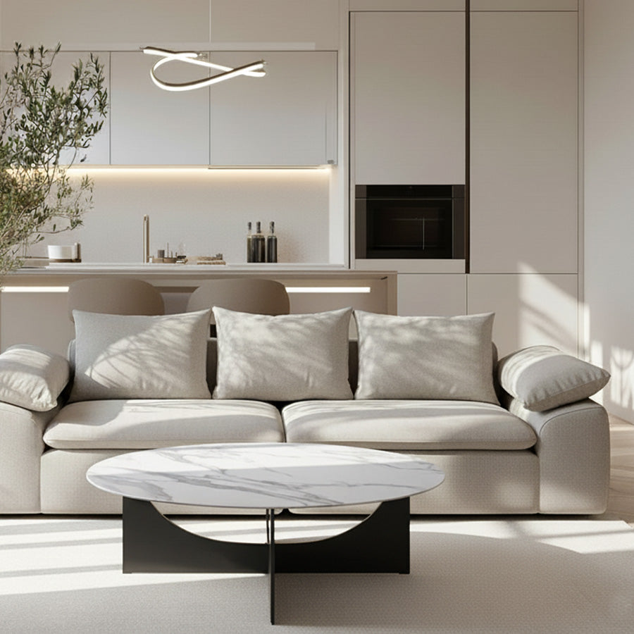 Sailith Modern Round Coffee Table – Sintered Stone Top with Curved Stainless Steel Base