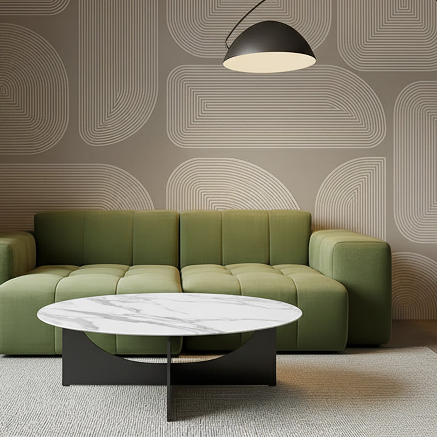 Sailith Modern Round Coffee Table – Sintered Stone Top with Curved Stainless Steel Base